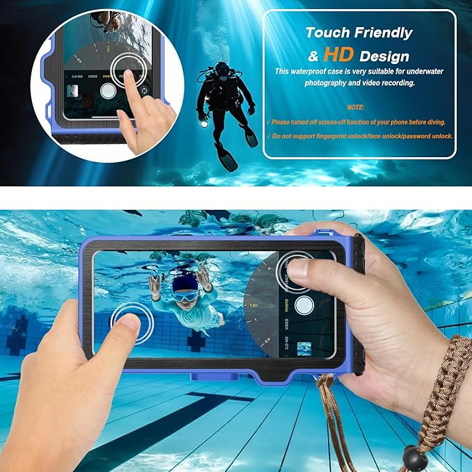 2025 Upgrade Waterproof Phone Case, Diving Snorkeling Swimming Scuba Underwater Touch Screen Photo Video Housing Cover for 17/16/15/14/13/12/11 Pro Max/XS/X Samsung Galaxy S25/S24/S23/S22 (Blue Black)