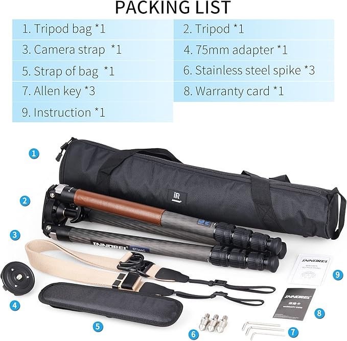 Carbon Fiber Tripod-INNOREL ST344C Professional Heavy Duty Camera Stand with 75mm Bowl Adapter Tube Leg 34.4mm, Max Load 77.2 lbs/35kg,Max Height 63 in/160cm for DSLR Travel Shooting No Mid-Column