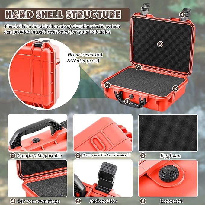 8.5 x 6.5 x 3.7 Inch Waterproof Hard Case with DIY Customizable Foam Insert Portable Protective Case with Knife for Camera Drones Equipments Tools Test Instruments (Reddish Orange)