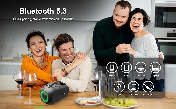 Fisher Portable Bluetooth Speaker IPX5 Water Resistent Speaker, 60W Peak Power Bluetooth Stereo Boombox HD Sound, 3H Playtime, LED Lights, TWS, BT5.3, FM Radio, AUX, Wireless Electronic Home Outdoor
