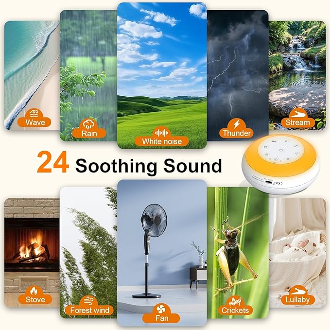 Portable White Noise Sound Machine for Baby, Kids, Adults Sleep - 24 Soothing Natural Sounds, 7 Color Night Light, Portable Wireless Bluetooth Speaker for Home, Travel, Nursery, Office