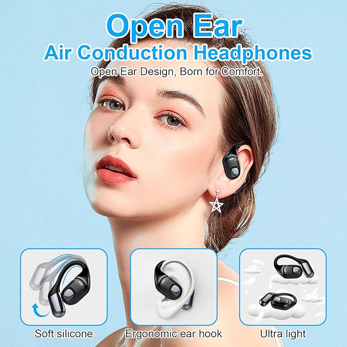 Open Ear Earbuds, Bluetooth 5.3 Wireless Air Conduction Headphones with Mic, LED Display Charging Case&Fast Charging, Ultra-Light Weight, 80H Playtime Earbuds for Work, Sports (Black)