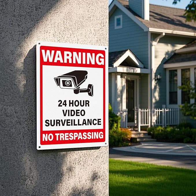 4 Pack 24 Hour Video Surveillance Signs 12 × 8 Inches No Trespassing Warning Sign Aluminum Reflective UV Protected Waterproof Signage for Home Business Yard