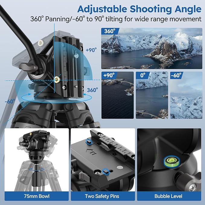 SIRUI Heavy-Duty Video Tripod with Fluid Head – Durable Aluminum Alloy Construction, Adjustable Height for Smooth Video Recording, Stable Support 22.0lbs for Cameras & Camcorders(AVT-02)