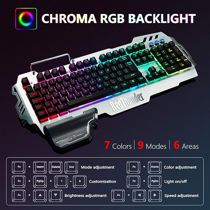 RedThunder K900 Gaming Keyboard, RGB Backlit Semi-Mechanical with Wrist Rest, Water-Resistant USB Wired Hybrid Ergonomic, Teclado Gamer for Desktop Computer PC Mac PS4
