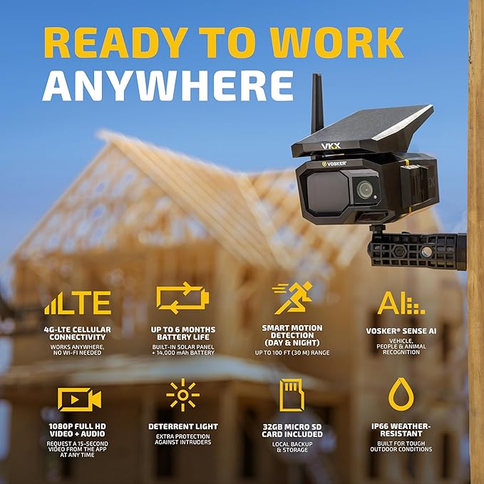 Vosker VKX Solar Powered 4G-LTE Outdoor Cellular Security Camera - No WiFi Needed, Motion Activated, Night Vision, SIM Card Included, On-Demand Mode - 15s Video Clips, IP65 Weather-Resistant