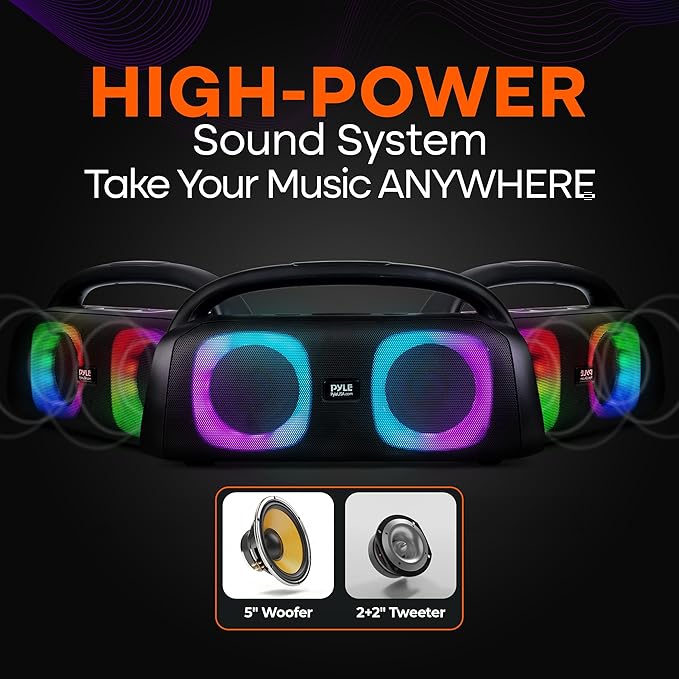 Pyle 160W Dual 5-Inch Bluetooth Boombox Speaker with True Wireless Stereo – Deep Bass, Crisp Treble, LED Display, Built-in Rechargeable Batteries – Large Portable Bluetooth Speaker