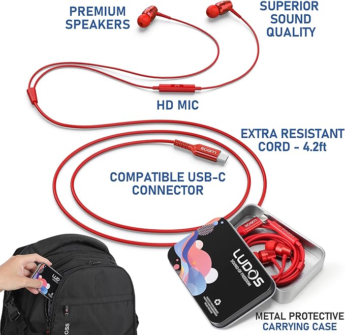 LUDOS OMNITONE USB C Headphones for iPhone 16 15 Pro Max Plus iPad Pro, 5 Years Warranty, USB-C Earbuds for Samsung Galaxy S24 S23 Ultra S22 S21 S20 A55 A54 A53, USB Type C Earphones - Red