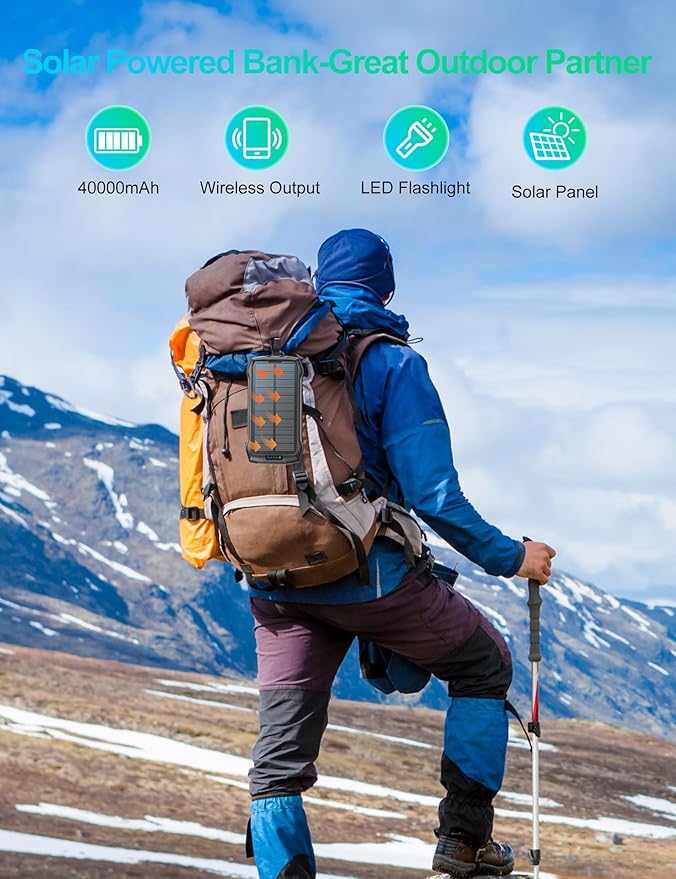 Solar Charger Power Bank, 40000mAh Wireless Portable Charger QC3.0 PD 20W Fast Charging with USB-C in/Output, External Battery Pack with Dual Flashlights Hiking Camping Essential