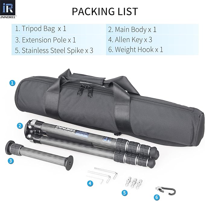 Carbon Fiber Tripod-INNOREL KT284C Super Professional Portable Travel Tripod for DSLR Camera Heavy Duty Compact Stand Support 1.1in/29mm Tube Max Load 44lbs/20kg with Short Center Column Only Tripod