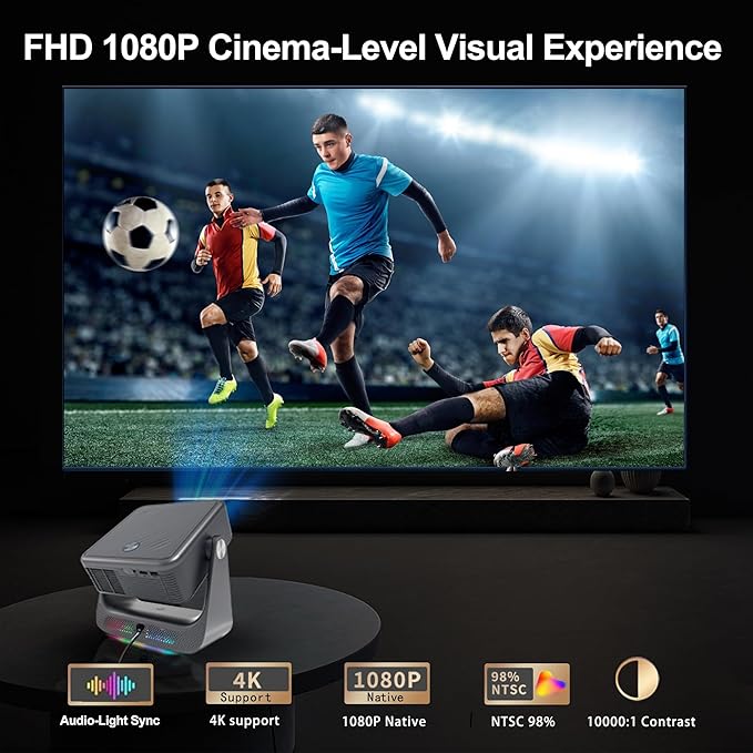 【Official Licensed GTV】Smart TV Projector with WiFi and Bluetooth, Outdoor Portable Projector Native 1080P, 800 ANSI, Voice Input, Auto Focus, 4K Supported, Mini FHD Home Movie Proyector iOS/Android