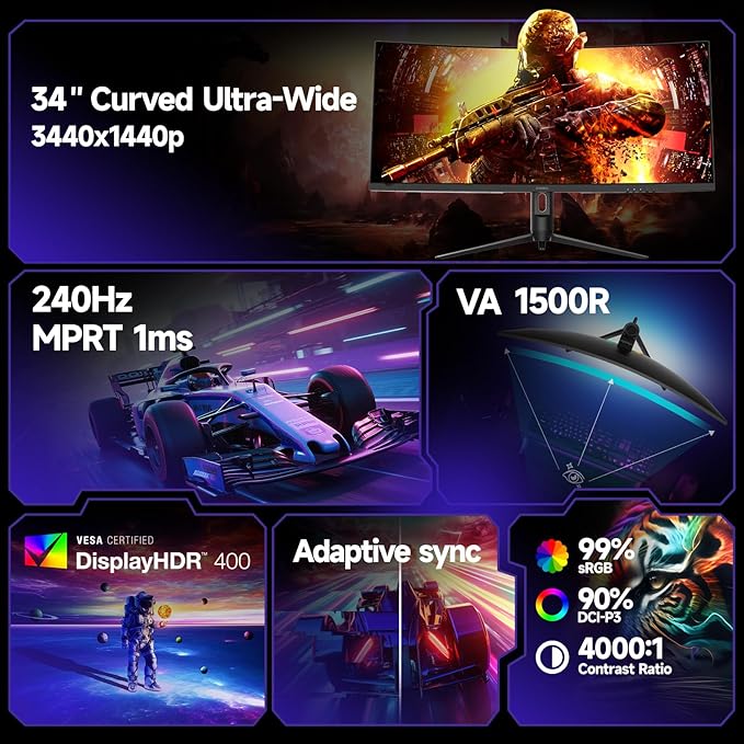KOORUI 34 Inch 240Hz Ultrawide Curved Gaming Monitor 3440x1440P, 21:9 Display, 1500R Curvature. 1MS, PIP/PBP, Support Adaptive Sync, DP, HDMI, PS5,Vesa
