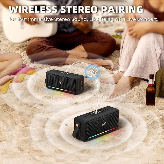 Portable Bluetooth Speakers, IP67 Waterproof Wireless Speaker with Lights, 40W Loud Stereo Sound, Active Extra Bass, Bluetooth 5.3, Dual Pairing, 12H Playtime for Home, Party, Outdoor, Beach, Travel