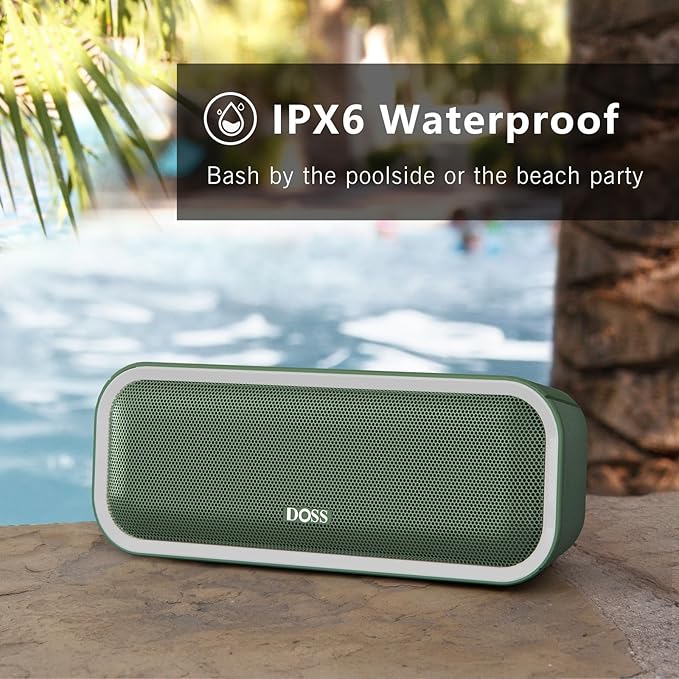 DOSS SoundBox Pro+ Bluetooth Speaker with 24W Impressive Sound, Booming Bass, IPX6 Waterproof, 15Hrs Playtime, Wireless Stereo Pairing, Mixed Colors Lights, 66 FT- Green