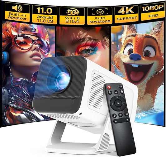 4K Supported Android 11 Mini Projector with WiFi 6 & Bluetooth 5.4 | 400 ANSI Lumens | Auto Keystone | Portable Outdoor Movie Projector for iPhone, Netflix, Camping, Bedroom & Home Theater