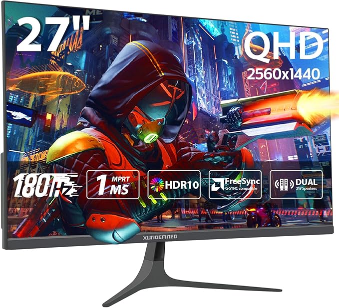 27 inch 1440P Gaming Monitor, 180Hz/144Hz Fast IPS 2K Computer Monitor with Speaker, Free-Sync & G-SYNC, 125% sRGB, HDR10, HDMI x2, DisplayPort x2, Compatible with Switch/Xbox/PS5, VESA Mountable