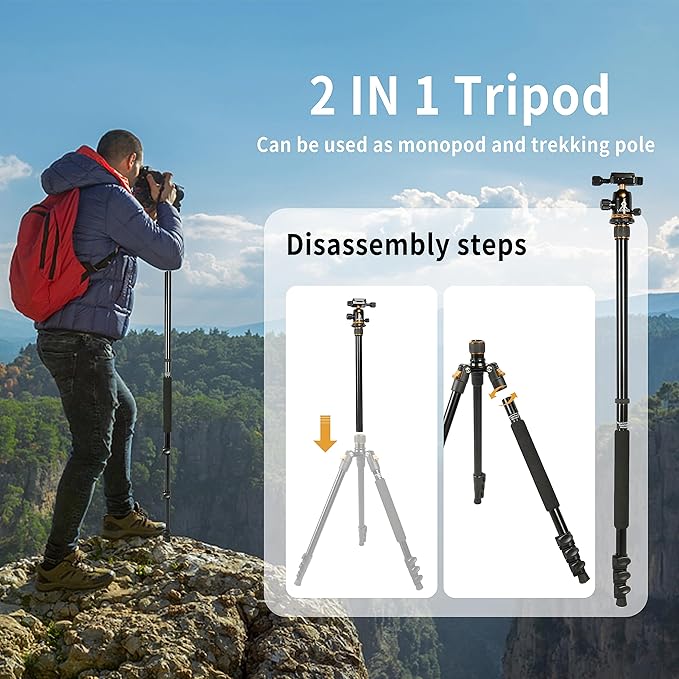 Tripod for Camera, 77" Camera Tripod Stand, 360 ° Ball Head Professional Aluminum DSLR Tripod & Monopod, Heavy Duty Travel Tripod Compatible with Canon Nikon Binoculars Laser Telescope(Gold)