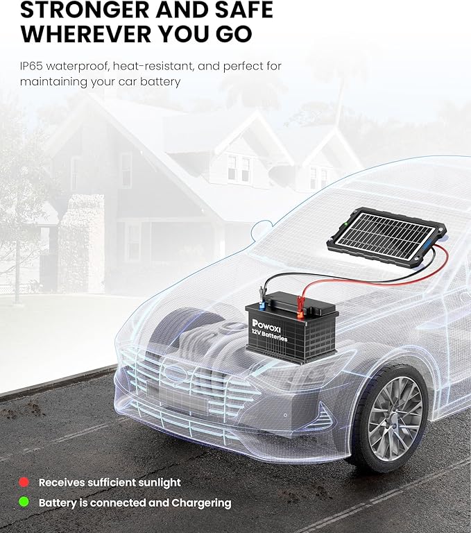 POWOXI-9W-Solar-Battery-Trickle-Charger-Maintainer -12V Portable Waterproof Solar Panel Trickle Charging Kit for Car, Motorcycle, Boat, Marine, RV, Trailer, Powersports, Snowmobile, etc.