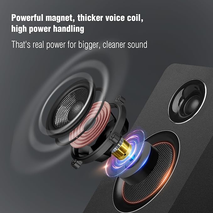 Computer Speakers for Desktop PC, Active Bookshelf Speaker with 3‘’ Carbon Fiber Woofer and Silk Film Tweeter ,Supports Bluetooth 5.3, USB-C, AUX/RCA Input for Record Player TV - Black Stereo Set