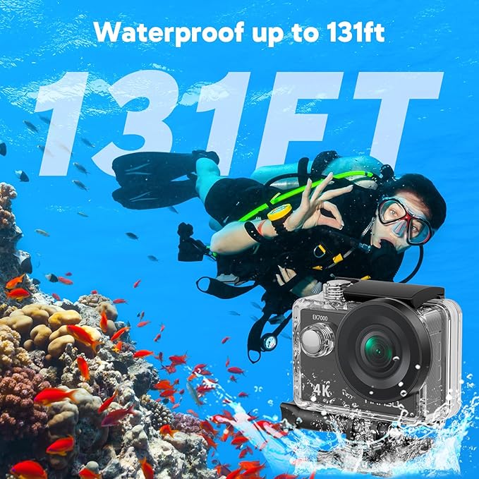 AKASO EK7000 4K30fps Action Camera with Mini Selfie Stick Tripod and Carrying Case Bundle EIS 131ft Waterproof Camera 4X Zoom Remote Control 20 MP Underwater Camera