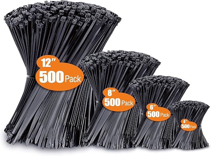 Zip Ties Assorted Sizes(4”+6”+8”+12”), 2000 Pack, Black Cable Ties, UV Resistant Wire Ties by ANOSON