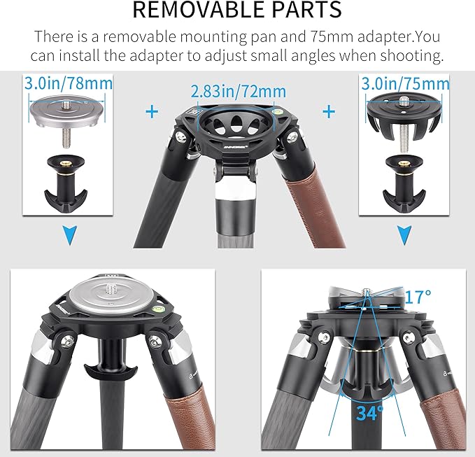 Carbon Fiber Tripod-INNOREL ST344C Professional Heavy Duty Camera Stand with 75mm Bowl Adapter Tube Leg 34.4mm, Max Load 77.2 lbs/35kg,Max Height 63 in/160cm for DSLR Travel Shooting No Mid-Column