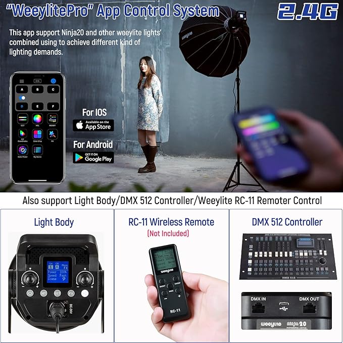 Weeylite 200W 5600K LED Video Light, Continuous Output Photography Lighting with CRI 95+TLCI 97+,79000 Lux@1M Bowens Mount & App Control for Video Recording Portrait Wedding Outdoor Shooting YouTube