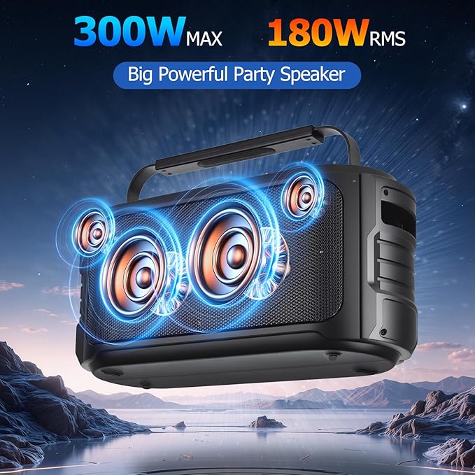 Portable Bluetooth Speaker 300W Peak Big Powerful Loud Sound Deep Bass Large Wireless Boombox with Subwoofer DSP Led Light for Home Party Outdoor Gatherings Camping Backyard