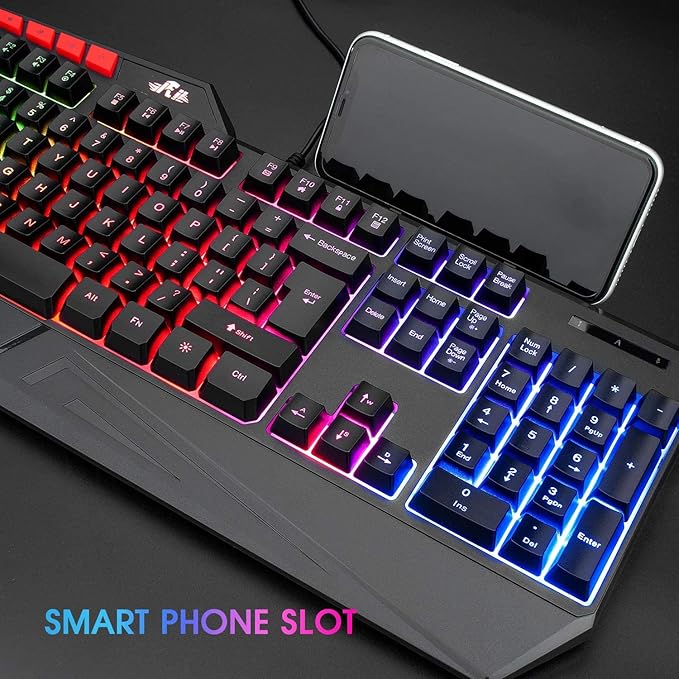 Rii RK202 RGB Gaming Keyboard Multiple Color Rainbow LED Backlit USB Wired Gaming Keyboard with Wrist Rest for Windows & Mac PC Gamers (Black)
