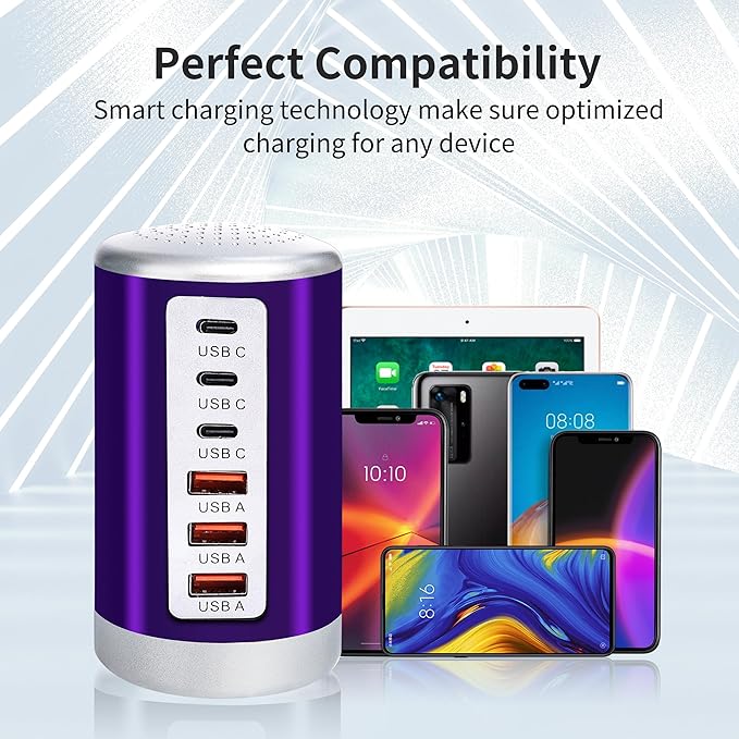 60W USB Charging Station with 6-Port (3 USB-A & 3 USB-C) for iPhone 12/13/14, Tablets & Smartphones - Purple