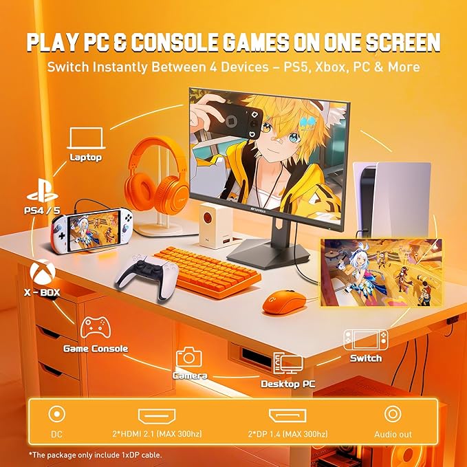 SANSUI 27 inch 1440p 300Hz 240Hz Gaming Monitor, WQHD Fast IPS 1ms Computer Monitor, FreeSync Premium | Brightness 400Nits | 130% sRGB | 10Bits | HDR | ErgoStand | VESA Mount | 2×DP 1.4 & 2×HDMI 2.1