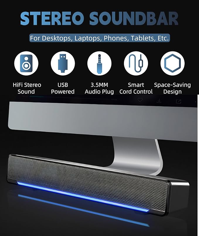 Soundbar,USB Wired SoundBar,Music Player with Bass Surround,Stereo USB Powered Mini Soundbar Speakers with 3.5mm Input for PC Tablets Laptop Desktop Projector Cellphone for Home Theater(Black)