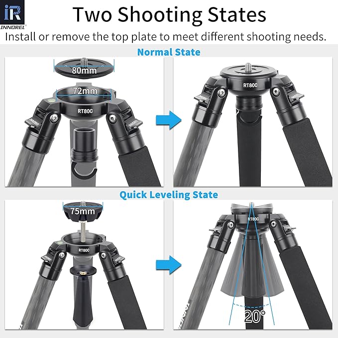INNOREL RT80C Carbon Fiber Tripod - Professional Birdwatching, Heavy Duty Camera Stand (Max Tube 32mm, Bowl Adapter Included, 20kg Max Load)