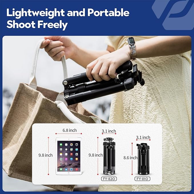 Fotopro Mini Tripod with Ball Head Phone Mount Detachable Selfie Stick Folded only 8.6" Max Load up to 6.6 lbs FY-810 Black