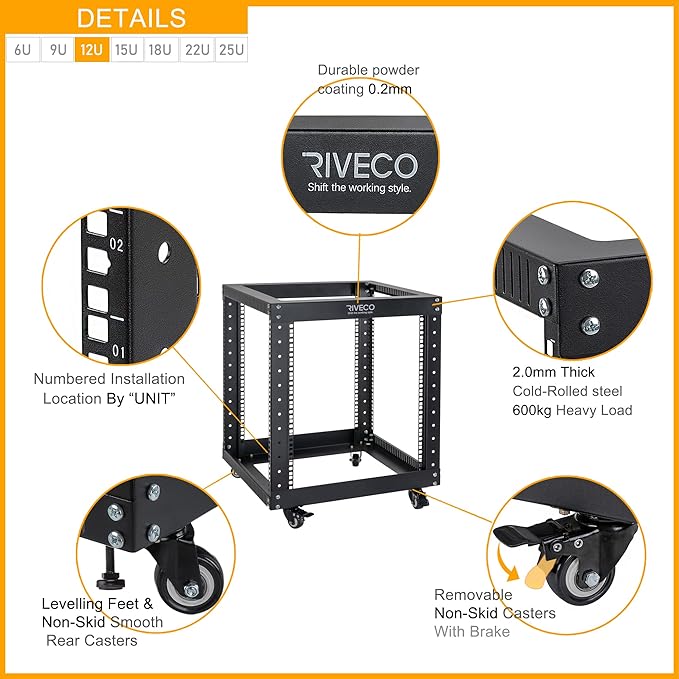 12U Server Rack Open Frame with Casters-RIVECO 4 Post Quick Assembly 19-inch, Data Rack Network Shelf Cabinet Heavy Duty Black