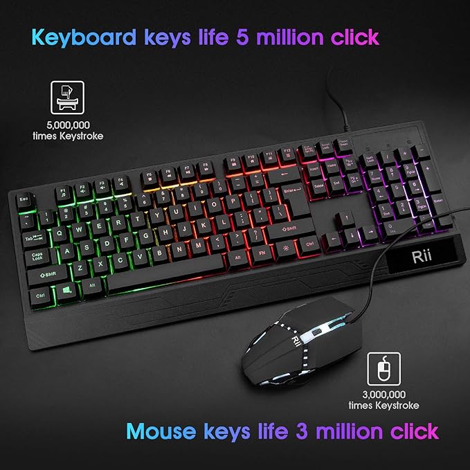 Rii Gaming Keyboard and Mouse Combo,USB Wired,104 Keys RGB LED Backlit Keyboard with Wrist Rest for PC/Laptop (Black)
