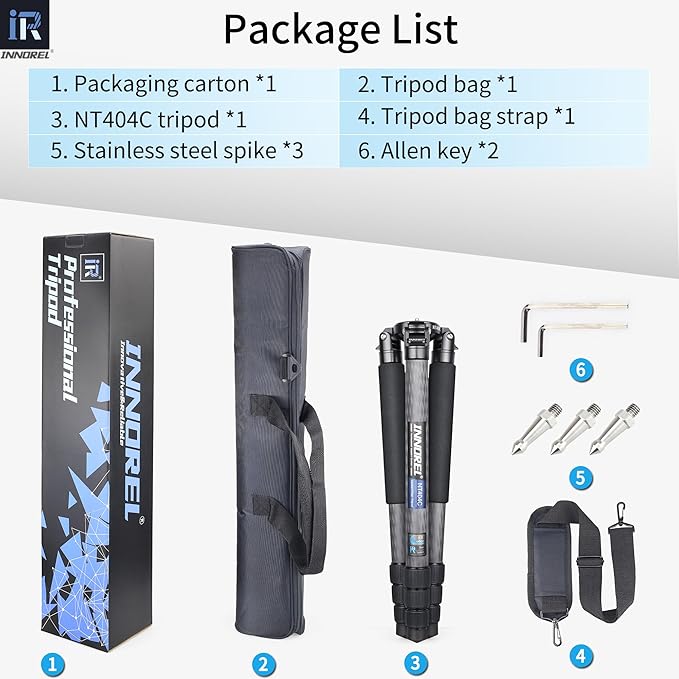 INNOREL NT404C Carbon Fiber Tripod Professional Birdwatching Heavy Duty Camera 66lb/30kg Max Load 40mm Max Tube Diameter Bowl Tripod Birdwatching Camera Stand with a 1/4" or 3/8" External Screw Hole