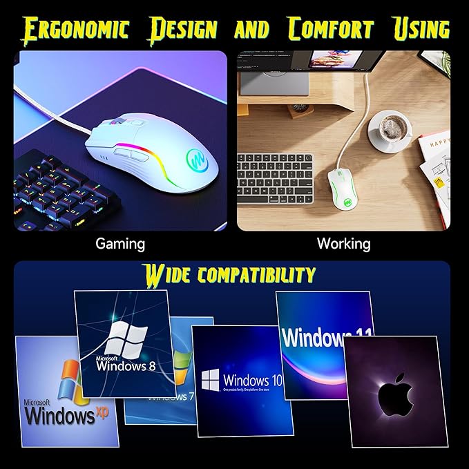 memzuoix Wired Gaming Mouse with RGB - 6 Adjustable DPI up to 12800, 6 Buttons, 12 Lighting Modes, Ergonomic Design with Anti-Slip Rubber Wheel, 5.6ft Braided Cable for PC/Mac/Windows - White