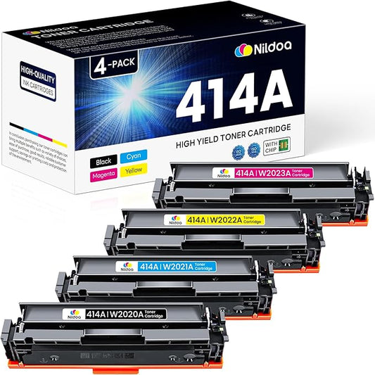 414A Toner Cartridges 4 Pack with Chip Replacement for HP 414A Black Cyan Yellow Magenta Color Enterprise M455dn MFP M480f; Color Pro M454dn M454dw MFP M479fdn M479fdw Printer