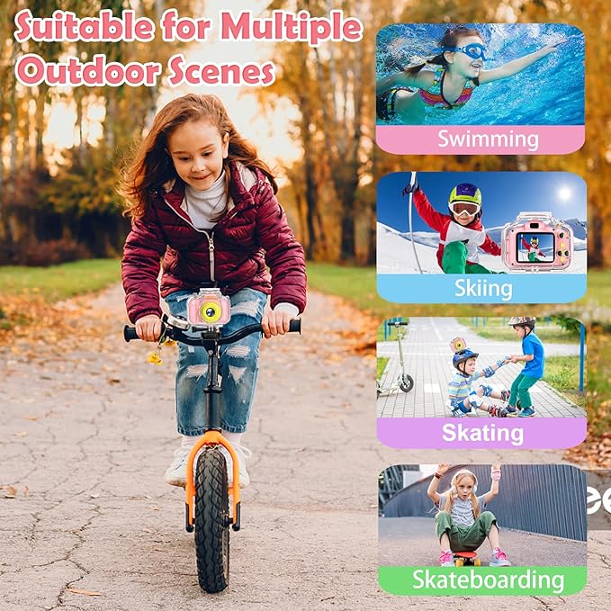 Kids Waterproof Camera - Birthday Gifts for 3 4 5 6 7 8 9 10 Year Old Girls 2 Inch IPS Screen Underwater Action Camera with 32 GB SD Card, Pool Toys for Kids Age 8-12 Pink