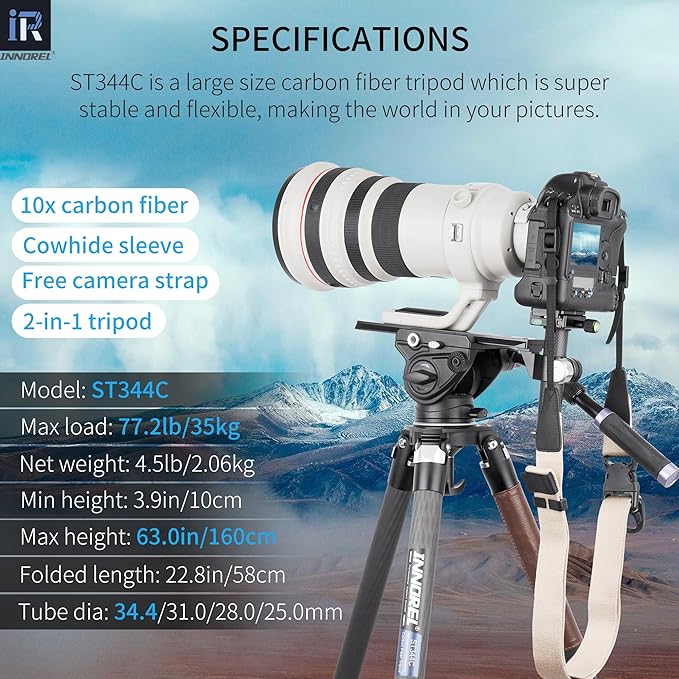 Carbon Fiber Tripod-INNOREL ST344C Professional Heavy Duty Camera Stand Monopod with 75mm Bowl Adapter Tube Leg 34.4mm,Max Load 30kg for DSLR Travel Shooting with ER31C Center Column add Camera Strap
