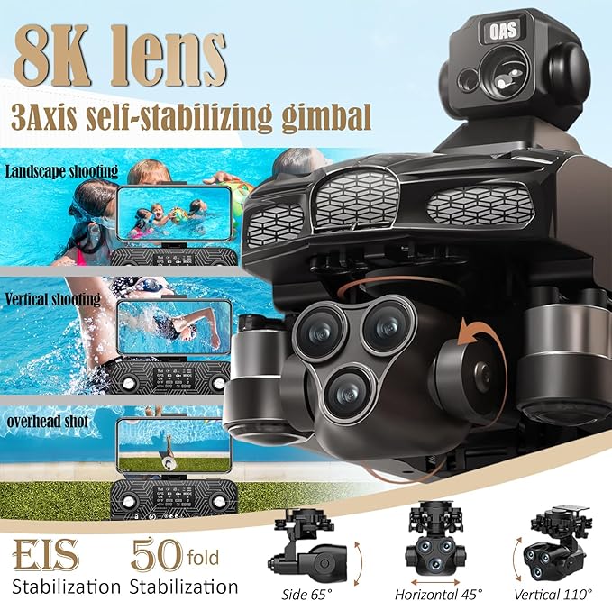5G Brushless Drone with Camera for Adults 4K, 8K GPS FPV Drone with 3-Axis Gimbal & 360° Obstacle Avoidance - Foldable RC Drones for Adults, 5KM Transmission, 60min Flight, Auto Return, 50X Zoom (black)