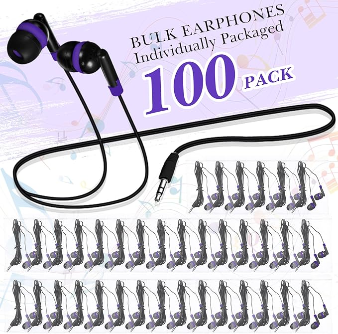 Kanayu 100 Pack Wired Earbuds Bulk for Classroom Ear Headphones Wired Basic Student Earbuds No Microphone with 3.5mm Jack for Kids Class Laptop School Library, Individually Bagged(Purple)