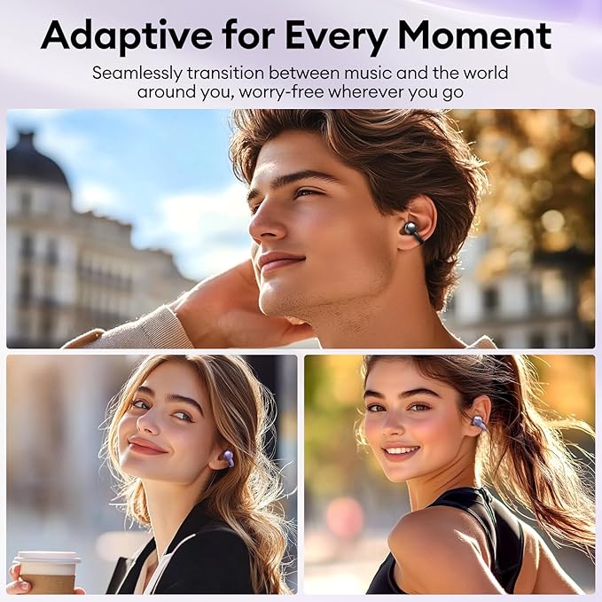 Clip On Earbuds, Open Ear Earbuds Wireless Bluetooth 5.4, Clip On Headphones with LCD Touchscreen, Lightweight Comfort Open Ear Headphones for Sports, Fitness, and Workouts, M100 Purple