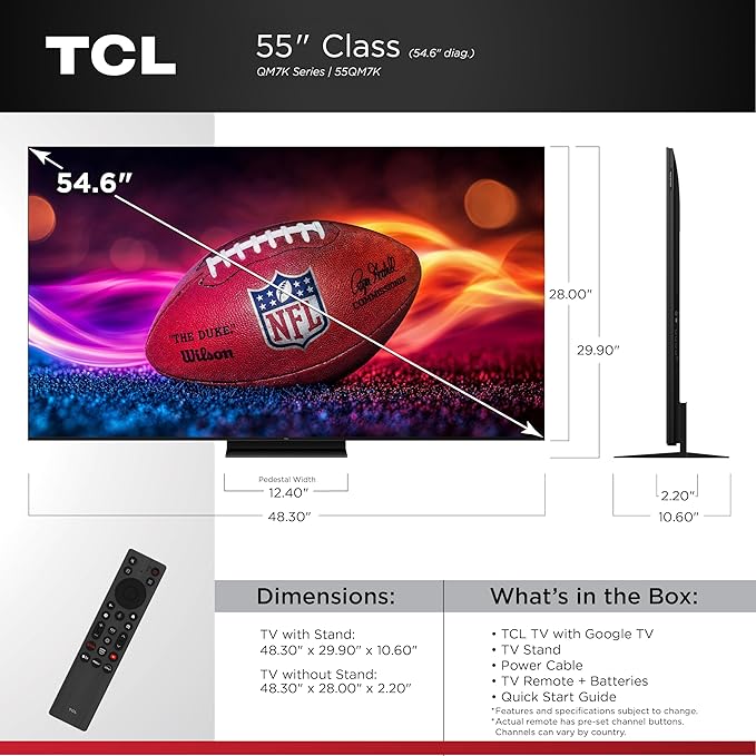TCL 55-Inch Class QM7K Series QD-Mini LED 4K UHD Google Smart TV Best Premium Mini-LED TV - QLED, 144hz, 240hz Gaming Rate, Anti-Reflective Screen, Bang & Olufsen Audio, Atmos (55QM7K, 2025 Model)