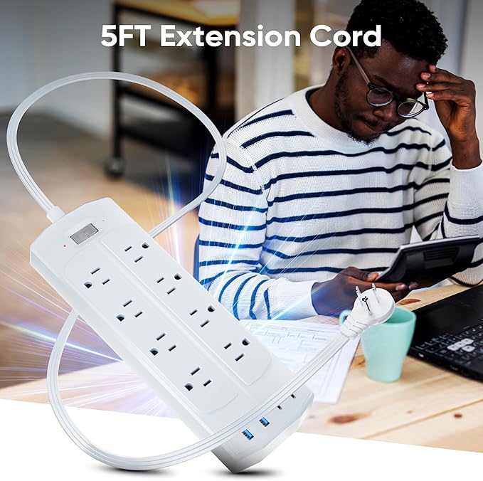 Surge Protector Power Strip, Yozisital Flat Plug Extension Cord with 8 AC Outlets & 4 USB Ports (2 USB-C), 5 FT Power Cord, 1200 Joules, Wall Mount, Desk Charging Station for Home Office, White