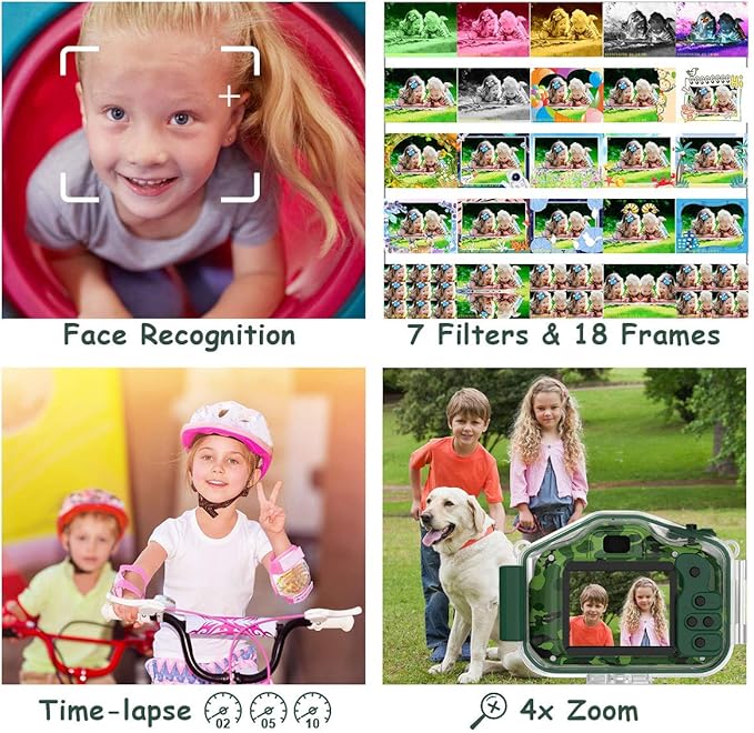 DEKER Waterproof Camera for Kids, Christmas Birthday Gifts for Boys Girls 3-12 Year Old, Mini HD Toddler Digital Video Children Travel Camcorder, 2 Inch IPS Screen with 32GB Card (Green)