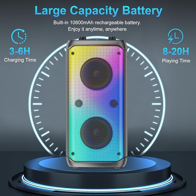 Bluetooth Speaker, 80W Peak Wireless TWS Portable Outdoor Party Speakers with Subwoofer, Deep Bass, LED Colorful Lights, Loud Stereo Sound Boombox with Radio for Home, Camping, Travel