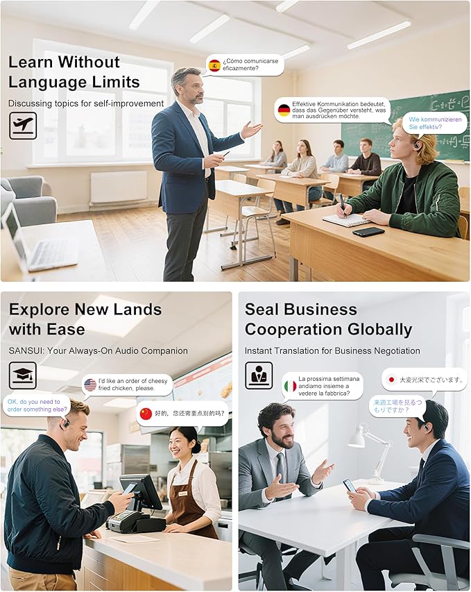 SANSUI AI Translation Earbuds Real Time,6-in-1 Bluetooth 6.0 Language Translator Earbuds,Audifonos Traductores Inglés Español,Translate Ear Buds with 42H Playtime for Travel,Business and Learning