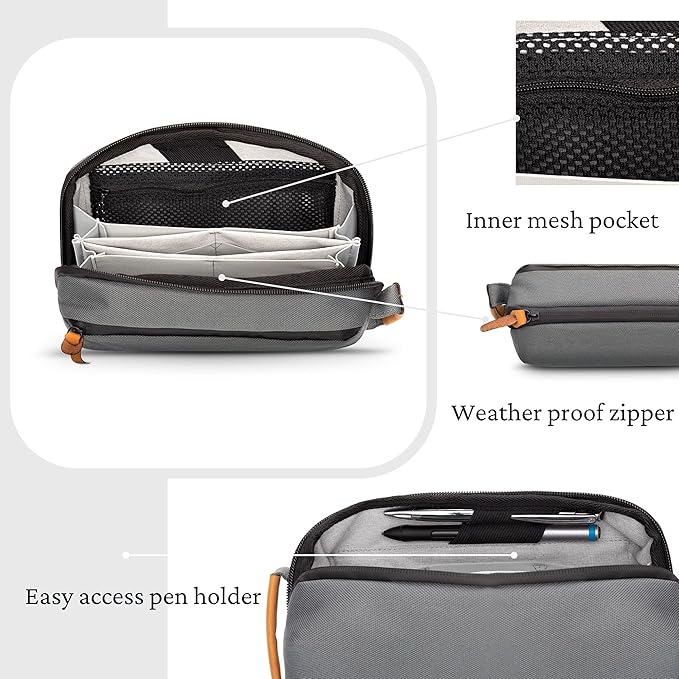 Tech Bag Organizer - Small Electronics Organizer Pouch for Travel - Premium Travel Case with Leather Accents - Mesh Pocket for Cables, Cords and Chargers (Grey)
